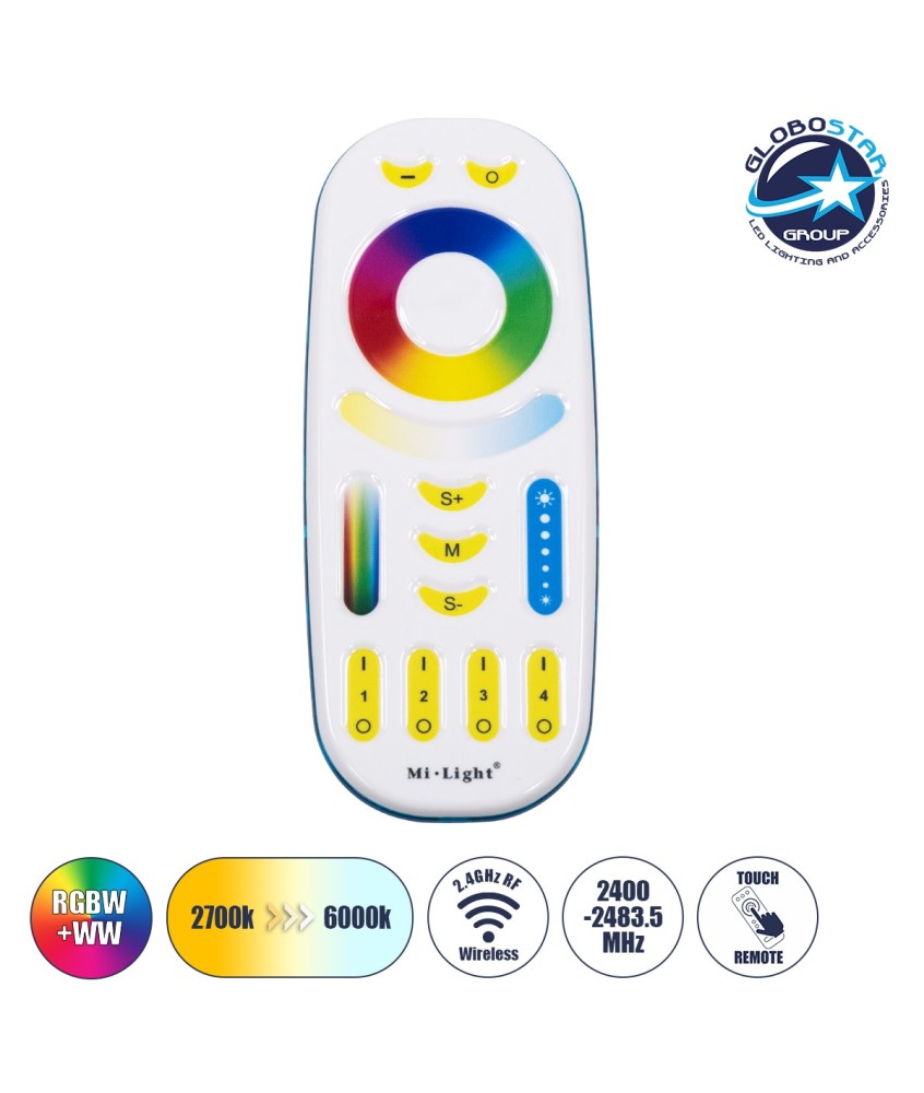 GloboStar® 73434 FUT092 Mi-Light Ασύρματο Χειριστήριο Αφής RF 2.4Ghz 4 Group για όλα τα RGBW+WW Mi-BOXER Controller DC 3V 2 x AAA - IP20 Λευκό - Μ13.7 x Π5.5 x Υ2cm - 5 Years Warranty